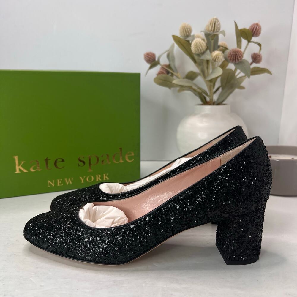 Kate Spade Dolores Glitter Chunky Block Heel Black S570446 Women 7M Tried On